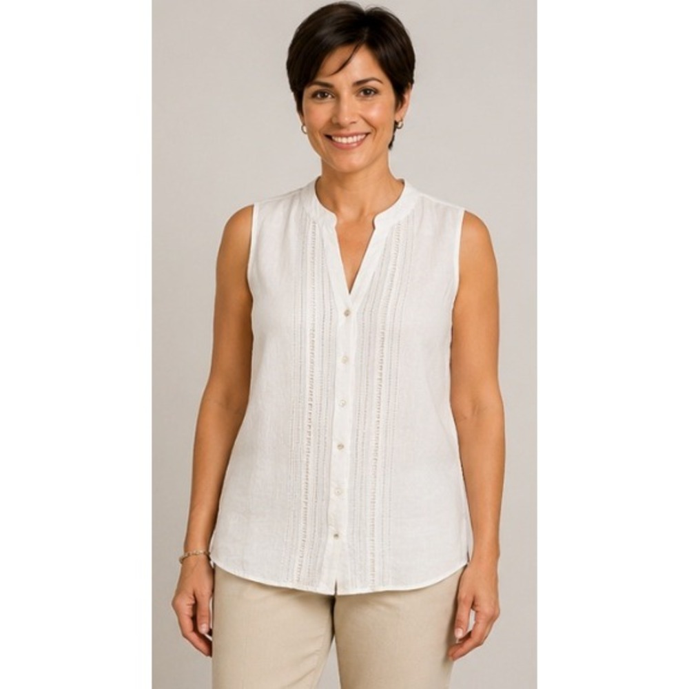 Charter Club Linen Sleeveless Blouse Womens Medium White Pintuck Lace Trim